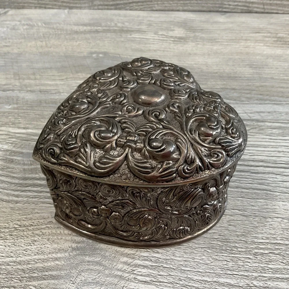 Vintage Heart Shaped Silver Tone Trinket Jewelry Box Blue Velvet Lined Embossed